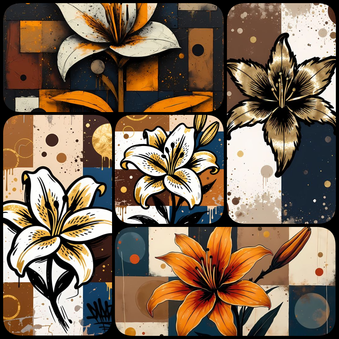 17 FREE Files - Tiger Lilies in Geometric Pop Graffiti Art Styles ♥    A bold geometric pop-graffiti artwork featuring a large central Tiger Lily outlined in expressive black strokes. The design blends abstract expressionism, pop art, and urban graffiti s