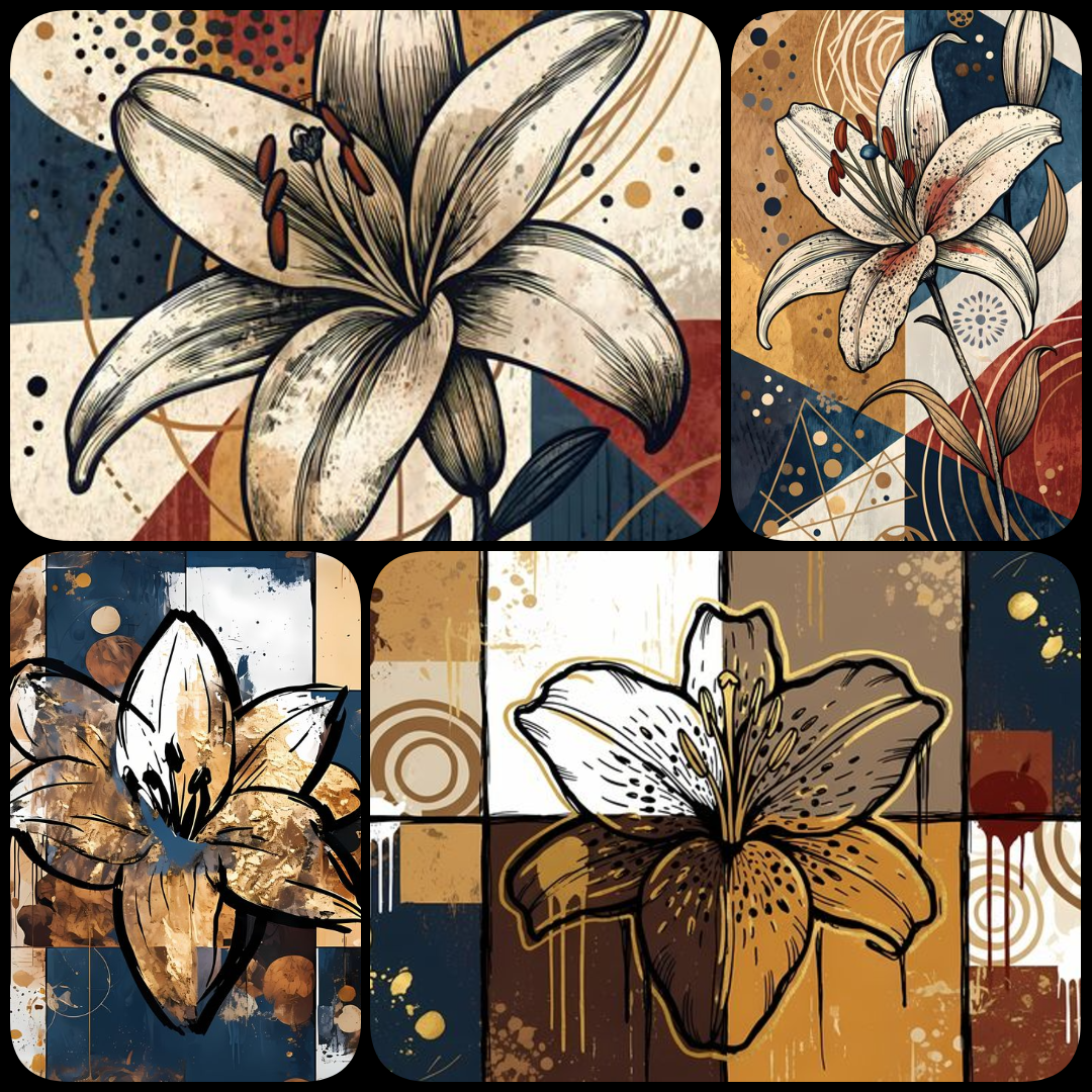 17 FREE Files - Tiger Lilies in Geometric Pop Graffiti Art Styles ♥    A bold geometric pop-graffiti artwork featuring a large central Tiger Lily outlined in expressive black strokes. The design blends abstract expressionism, pop art, and urban graffiti s