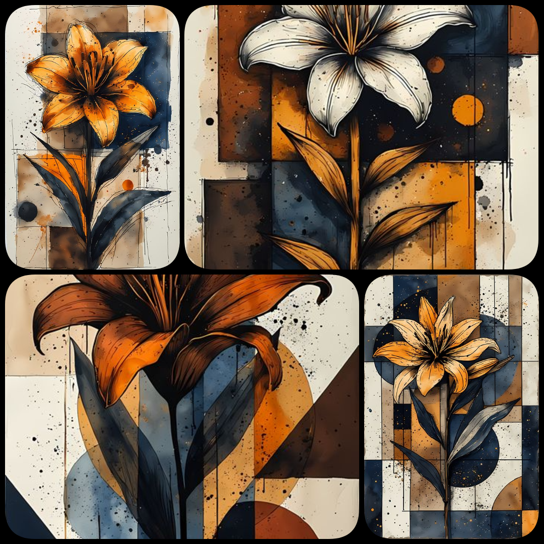 17 FREE Files - Tiger Lilies in Geometric Pop Graffiti Art Styles ♥    A bold geometric pop-graffiti artwork featuring a large central Tiger Lily outlined in expressive black strokes. The design blends abstract expressionism, pop art, and urban graffiti s