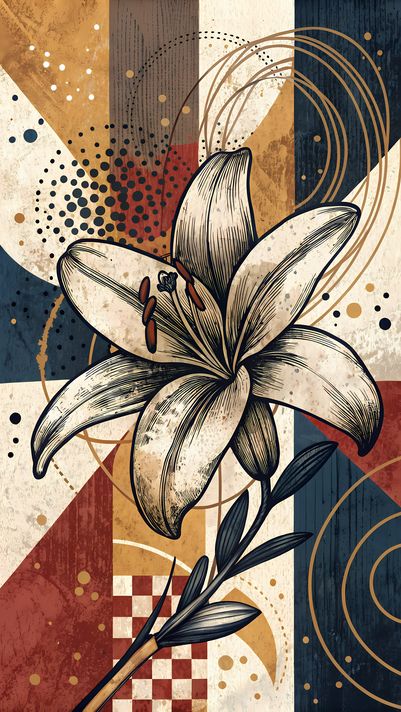 17 FREE Files - Tiger Lilies in Geometric Pop Graffiti Art Styles ♥    A bold geometric pop-graffiti artwork featuring a large central Tiger Lily outlined in expressive black strokes. The design blends abstract expressionism, pop art, and urban graffiti s