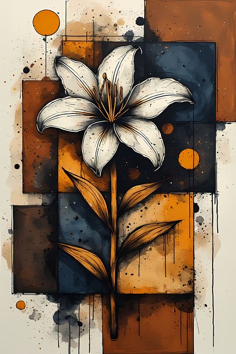 17 FREE Files - Tiger Lilies in Geometric Pop Graffiti Art Styles ♥    A bold geometric pop-graffiti artwork featuring a large central Tiger Lily outlined in expressive black strokes. The design blends abstract expressionism, pop art, and urban graffiti s