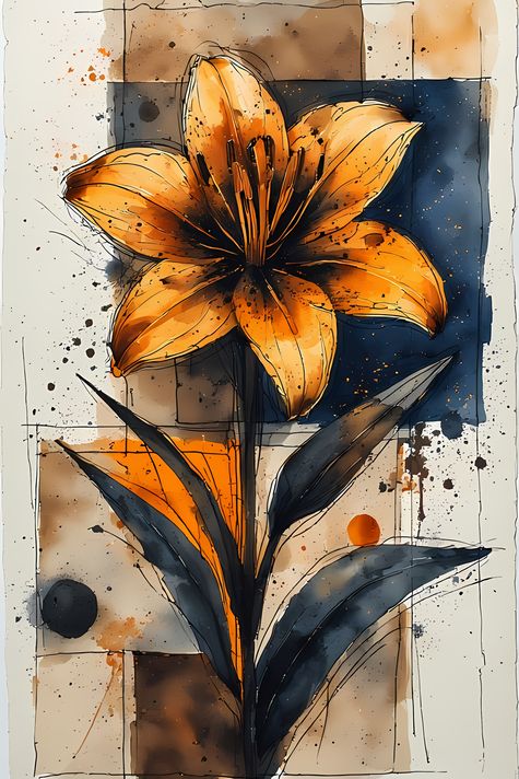 17 FREE Files - Tiger Lilies in Geometric Pop Graffiti Art Styles ♥    A bold geometric pop-graffiti artwork featuring a large central Tiger Lily outlined in expressive black strokes. The design blends abstract expressionism, pop art, and urban graffiti s