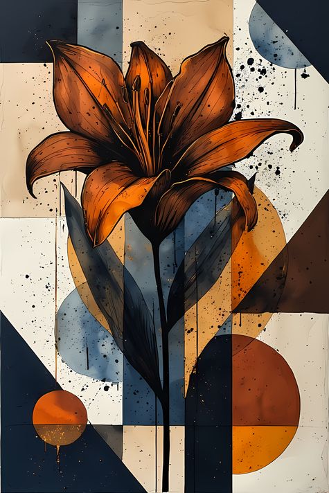 17 FREE Files - Tiger Lilies in Geometric Pop Graffiti Art Styles ♥    A bold geometric pop-graffiti artwork featuring a large central Tiger Lily outlined in expressive black strokes. The design blends abstract expressionism, pop art, and urban graffiti s