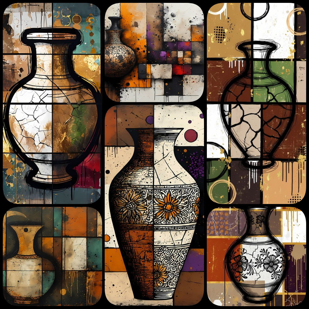 45 FREE Files - Empty Vase in Geometric Pop Graffiti Art Styles ♥    A bold geometric pop-graffiti artwork featuring a large central empty vase outlined in expressive black strokes. The design blends abstract expressionism, pop art, and urban graffiti str