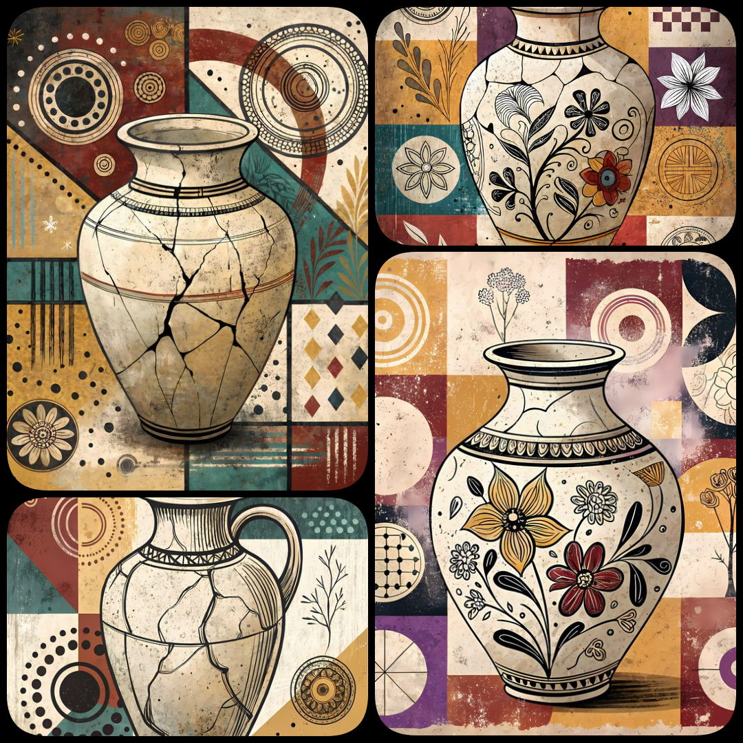 45 FREE Files - Empty Vase in Geometric Pop Graffiti Art Styles ♥    A bold geometric pop-graffiti artwork featuring a large central empty vase outlined in expressive black strokes. The design blends abstract expressionism, pop art, and urban graffiti str