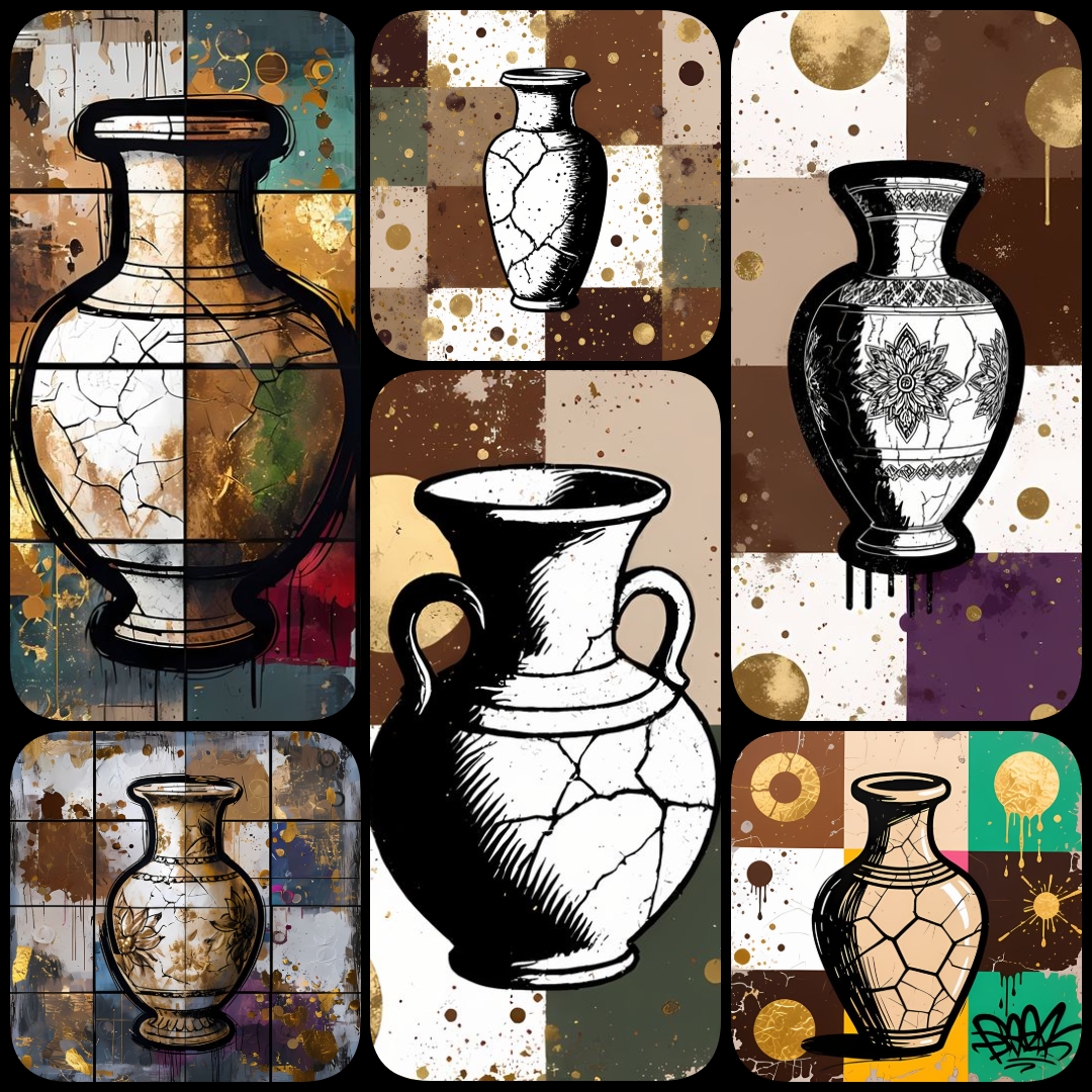 45 FREE Files - Empty Vase in Geometric Pop Graffiti Art Styles ♥    A bold geometric pop-graffiti artwork featuring a large central empty vase outlined in expressive black strokes. The design blends abstract expressionism, pop art, and urban graffiti str