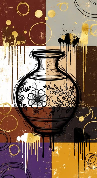 45 FREE Files - Empty Vase in Geometric Pop Graffiti Art Styles ♥    A bold geometric pop-graffiti artwork featuring a large central empty vase outlined in expressive black strokes. The design blends abstract expressionism, pop art, and urban graffiti str