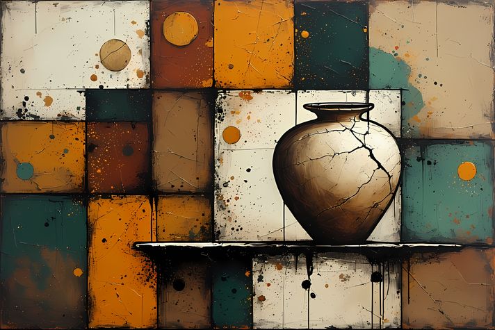 45 FREE Files - Empty Vase in Geometric Pop Graffiti Art Styles ♥    A bold geometric pop-graffiti artwork featuring a large central empty vase outlined in expressive black strokes. The design blends abstract expressionism, pop art, and urban graffiti str