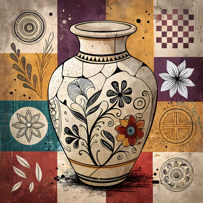 45 FREE Files - Empty Vase in Geometric Pop Graffiti Art Styles ♥    A bold geometric pop-graffiti artwork featuring a large central empty vase outlined in expressive black strokes. The design blends abstract expressionism, pop art, and urban graffiti str