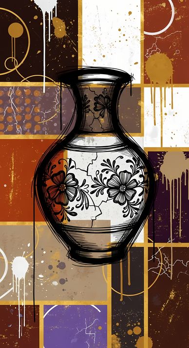 45 FREE Files - Empty Vase in Geometric Pop Graffiti Art Styles ♥    A bold geometric pop-graffiti artwork featuring a large central empty vase outlined in expressive black strokes. The design blends abstract expressionism, pop art, and urban graffiti str