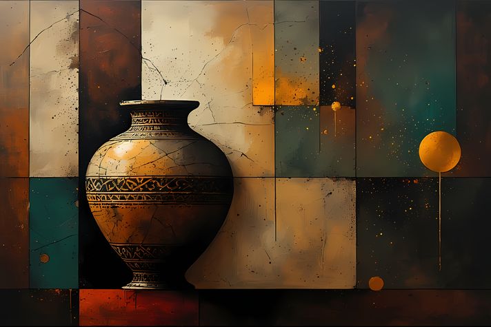 45 FREE Files - Empty Vase in Geometric Pop Graffiti Art Styles ♥    A bold geometric pop-graffiti artwork featuring a large central empty vase outlined in expressive black strokes. The design blends abstract expressionism, pop art, and urban graffiti str