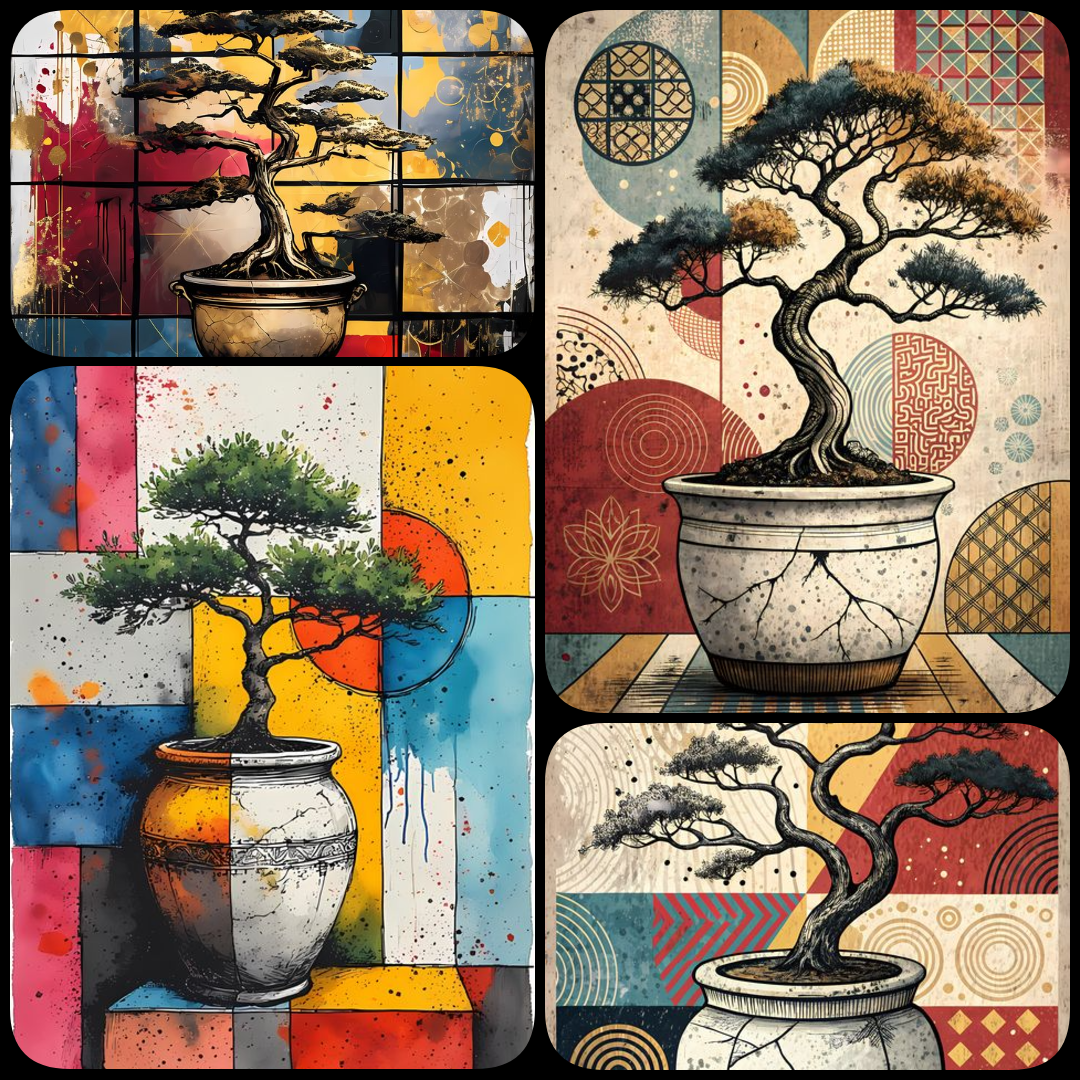 22 FREE Files - Bonsai in Geometric Pop Graffiti Art Styles ♥    A bold geometric pop-graffiti artwork featuring a large central bonsai outlined in expressive black strokes. The design blends abstract expressionism, pop art, and urban graffiti street art,