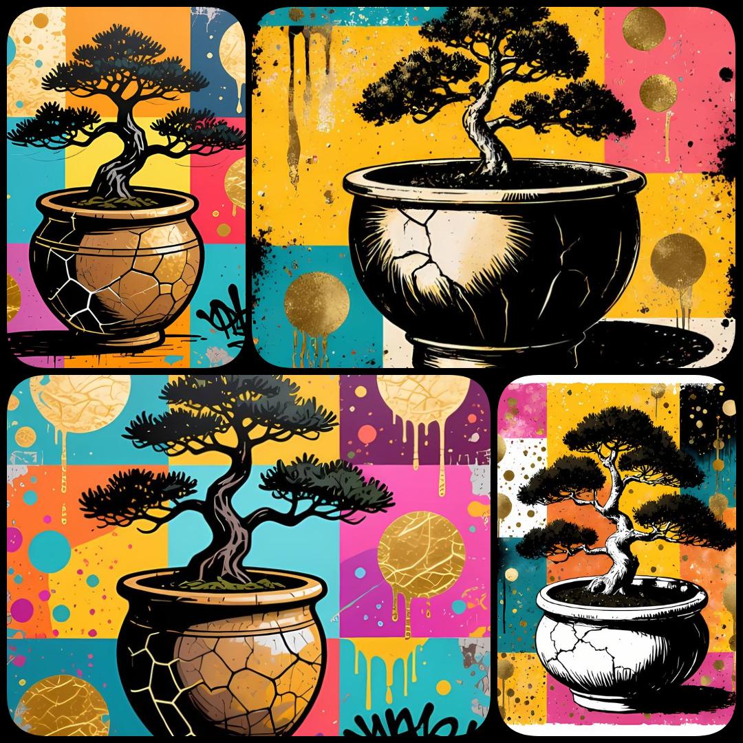 22 FREE Files - Bonsai in Geometric Pop Graffiti Art Styles ♥    A bold geometric pop-graffiti artwork featuring a large central bonsai outlined in expressive black strokes. The design blends abstract expressionism, pop art, and urban graffiti street art,