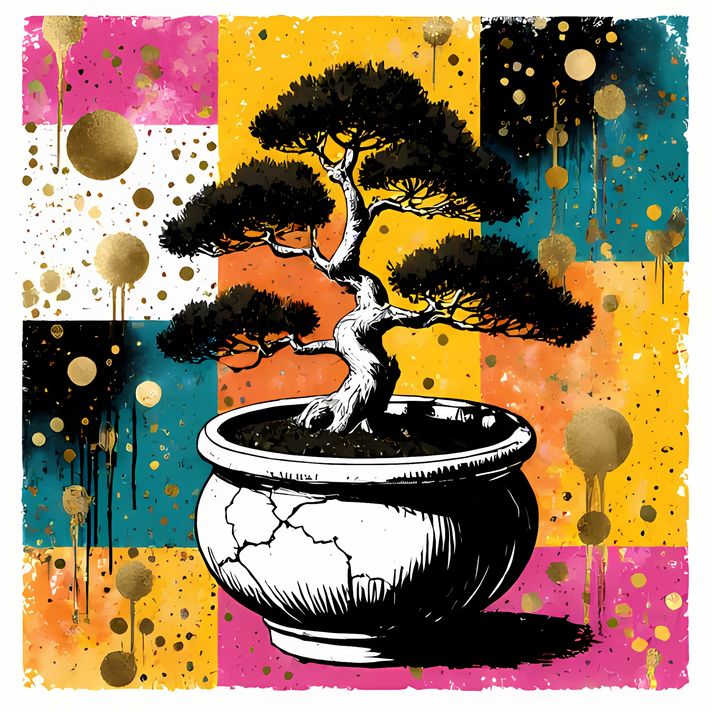 22 FREE Files - Bonsai in Geometric Pop Graffiti Art Styles ♥    A bold geometric pop-graffiti artwork featuring a large central bonsai outlined in expressive black strokes. The design blends abstract expressionism, pop art, and urban graffiti street art,