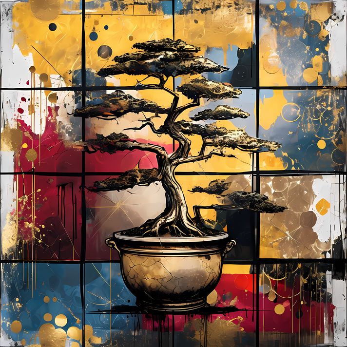 22 FREE Files - Bonsai in Geometric Pop Graffiti Art Styles ♥    A bold geometric pop-graffiti artwork featuring a large central bonsai outlined in expressive black strokes. The design blends abstract expressionism, pop art, and urban graffiti street art,