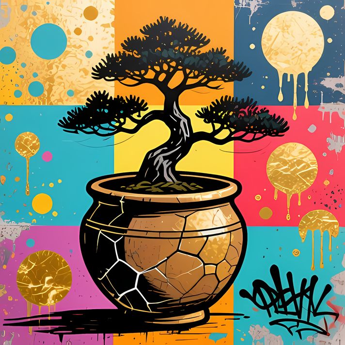 22 FREE Files - Bonsai in Geometric Pop Graffiti Art Styles ♥    A bold geometric pop-graffiti artwork featuring a large central bonsai outlined in expressive black strokes. The design blends abstract expressionism, pop art, and urban graffiti street art,