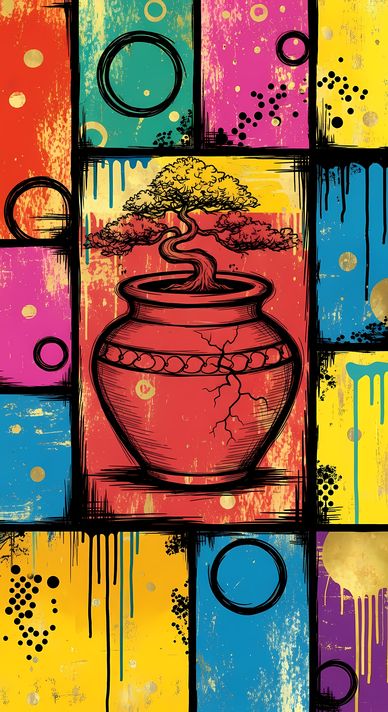 22 FREE Files - Bonsai in Geometric Pop Graffiti Art Styles ♥    A bold geometric pop-graffiti artwork featuring a large central bonsai outlined in expressive black strokes. The design blends abstract expressionism, pop art, and urban graffiti street art,