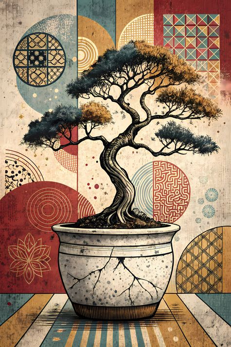 22 FREE Files - Bonsai in Geometric Pop Graffiti Art Styles ♥    A bold geometric pop-graffiti artwork featuring a large central bonsai outlined in expressive black strokes. The design blends abstract expressionism, pop art, and urban graffiti street art,