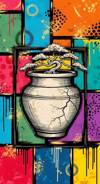22 FREE Files - Bonsai in Geometric Pop Graffiti Art Styles ♥    A bold geometric pop-graffiti artwork featuring a large central bonsai outlined in expressive black strokes. The design blends abstract expressionism, pop art, and urban graffiti street art,
