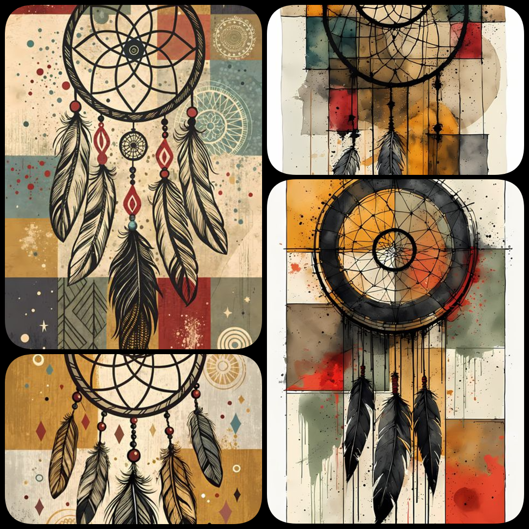 24 FREE Files - Dreamcatcher in Geometric Pop-Graffiti Art Styles ♥    A bold geometric pop-graffiti artwork featuring a large central dreamcatcher outlined in expressive black strokes. The design blends abstract expressionism, pop art, and urban graffiti