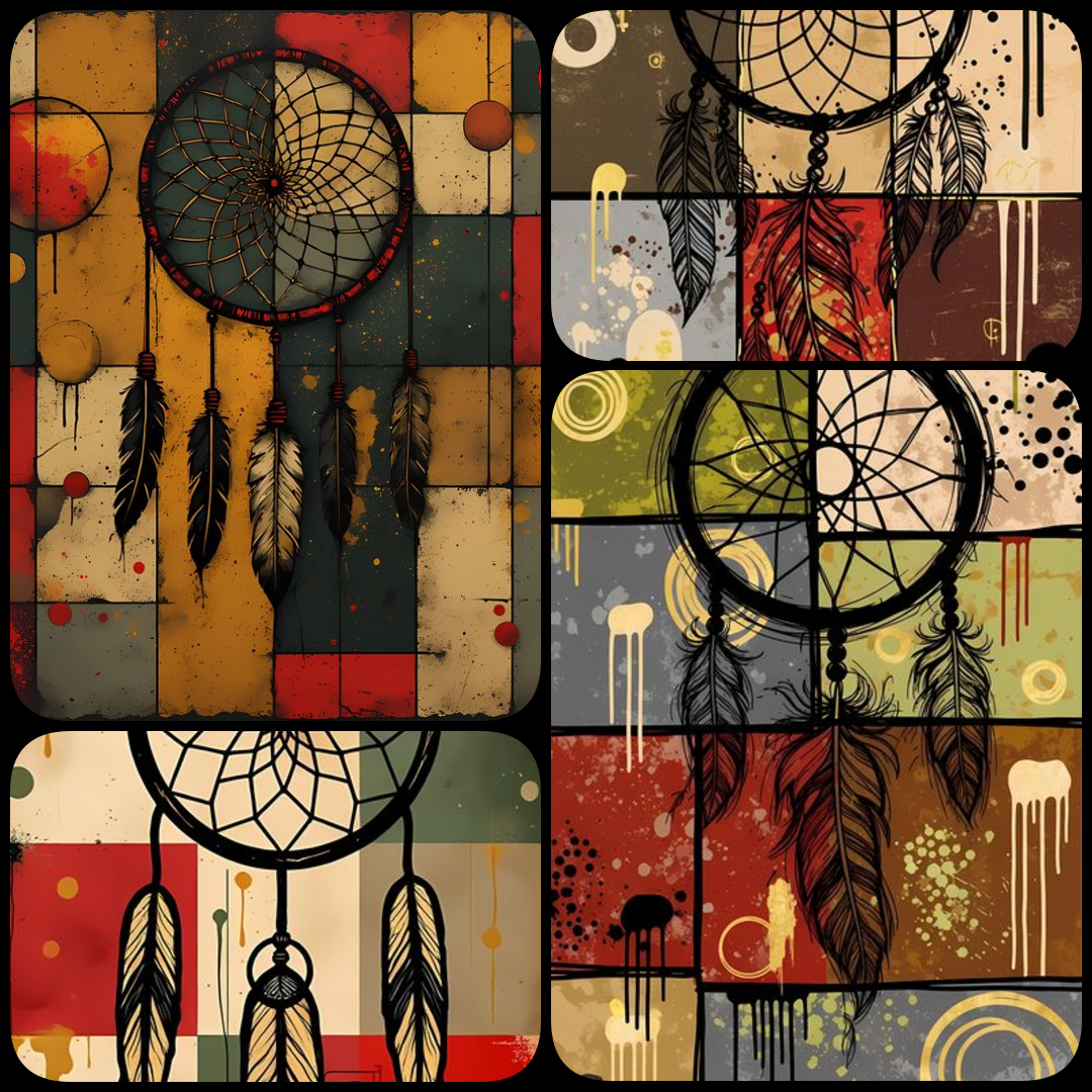 24 FREE Files - Dreamcatcher in Geometric Pop-Graffiti Art Styles ♥    A bold geometric pop-graffiti artwork featuring a large central dreamcatcher outlined in expressive black strokes. The design blends abstract expressionism, pop art, and urban graffiti
