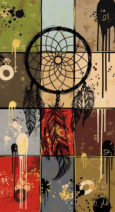 24 FREE Files - Dreamcatcher in Geometric Pop-Graffiti Art Styles ♥    A bold geometric pop-graffiti artwork featuring a large central dreamcatcher outlined in expressive black strokes. The design blends abstract expressionism, pop art, and urban graffiti