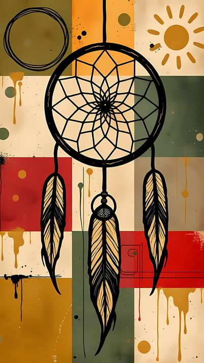 24 FREE Files - Dreamcatcher in Geometric Pop-Graffiti Art Styles ♥    A bold geometric pop-graffiti artwork featuring a large central dreamcatcher outlined in expressive black strokes. The design blends abstract expressionism, pop art, and urban graffiti
