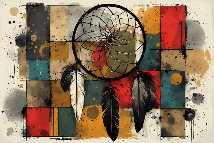 24 FREE Files - Dreamcatcher in Geometric Pop-Graffiti Art Styles ♥    A bold geometric pop-graffiti artwork featuring a large central dreamcatcher outlined in expressive black strokes. The design blends abstract expressionism, pop art, and urban graffiti