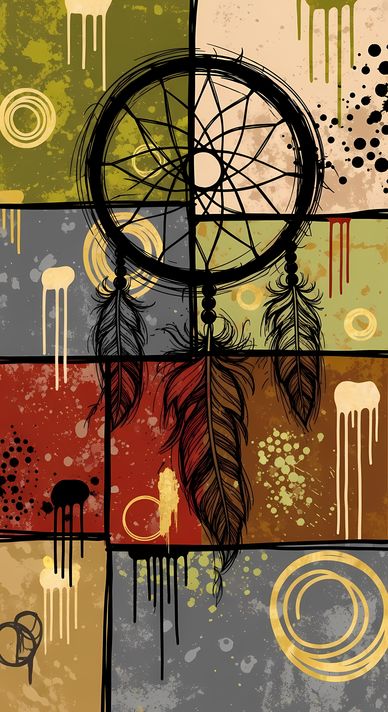 24 FREE Files - Dreamcatcher in Geometric Pop-Graffiti Art Styles ♥    A bold geometric pop-graffiti artwork featuring a large central dreamcatcher outlined in expressive black strokes. The design blends abstract expressionism, pop art, and urban graffiti