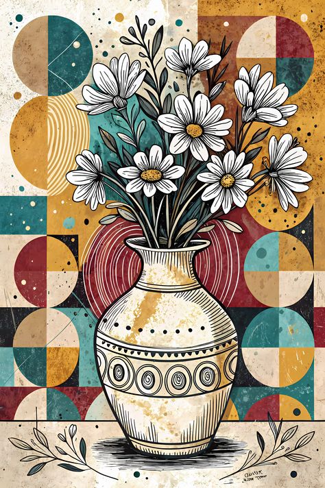 26 FREE Files - White flowers in Geometric Pop-Graffiti Art Styles ♥    A bold geometric pop-graffiti artwork featuring a large central heart outlined in expressive black strokes. The design blends abstract expressionism, pop art, and urban graffiti stree