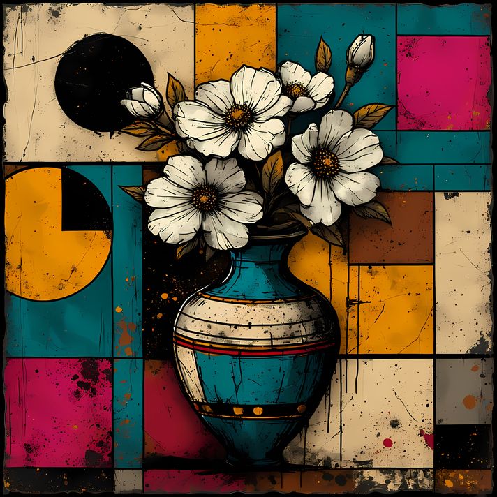 26 FREE Files - White flowers in Geometric Pop-Graffiti Art Styles ♥    A bold geometric pop-graffiti artwork featuring a large central heart outlined in expressive black strokes. The design blends abstract expressionism, pop art, and urban graffiti stree