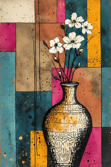 26 FREE Files - White flowers in Geometric Pop-Graffiti Art Styles ♥    A bold geometric pop-graffiti artwork featuring a large central heart outlined in expressive black strokes. The design blends abstract expressionism, pop art, and urban graffiti stree