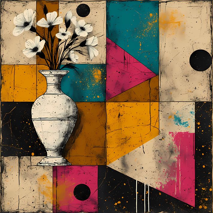 26 FREE Files - White flowers in Geometric Pop-Graffiti Art Styles ♥    A bold geometric pop-graffiti artwork featuring a large central heart outlined in expressive black strokes. The design blends abstract expressionism, pop art, and urban graffiti stree