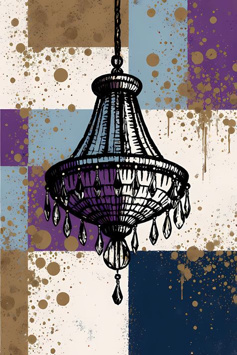 25 FREE Files - Chandelier in Geometric Pop Graffiti Art Styles ♥    A bold geometric pop-graffiti artwork featuring a large central chandelier outlined in expressive black strokes. The design blends abstract expressionism, pop art, and urban graffiti str