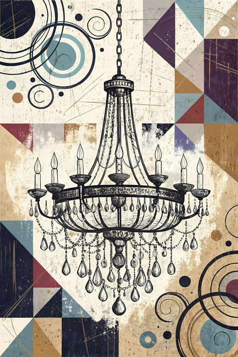 25 FREE Files - Chandelier in Geometric Pop Graffiti Art Styles ♥    A bold geometric pop-graffiti artwork featuring a large central chandelier outlined in expressive black strokes. The design blends abstract expressionism, pop art, and urban graffiti str