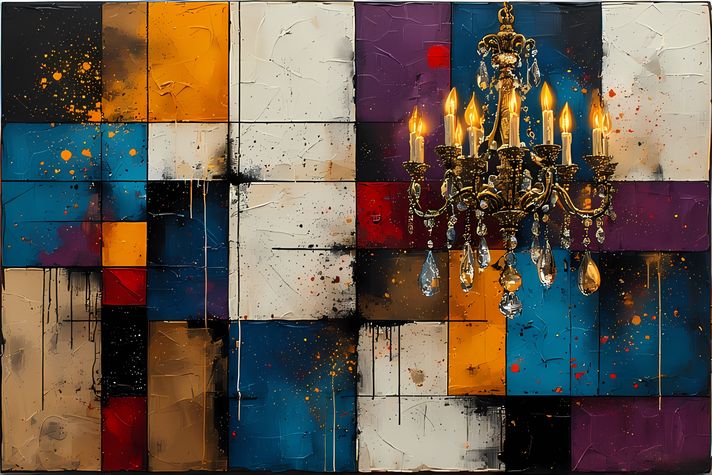 25 FREE Files - Chandelier in Geometric Pop Graffiti Art Styles ♥    A bold geometric pop-graffiti artwork featuring a large central chandelier outlined in expressive black strokes. The design blends abstract expressionism, pop art, and urban graffiti str