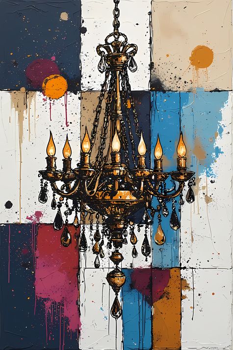 25 FREE Files - Chandelier in Geometric Pop Graffiti Art Styles ♥    A bold geometric pop-graffiti artwork featuring a large central chandelier outlined in expressive black strokes. The design blends abstract expressionism, pop art, and urban graffiti str