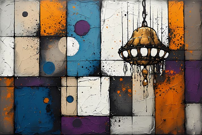 25 FREE Files - Chandelier in Geometric Pop Graffiti Art Styles ♥    A bold geometric pop-graffiti artwork featuring a large central chandelier outlined in expressive black strokes. The design blends abstract expressionism, pop art, and urban graffiti str