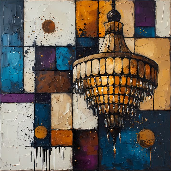 25 FREE Files - Chandelier in Geometric Pop Graffiti Art Styles ♥    A bold geometric pop-graffiti artwork featuring a large central chandelier outlined in expressive black strokes. The design blends abstract expressionism, pop art, and urban graffiti str