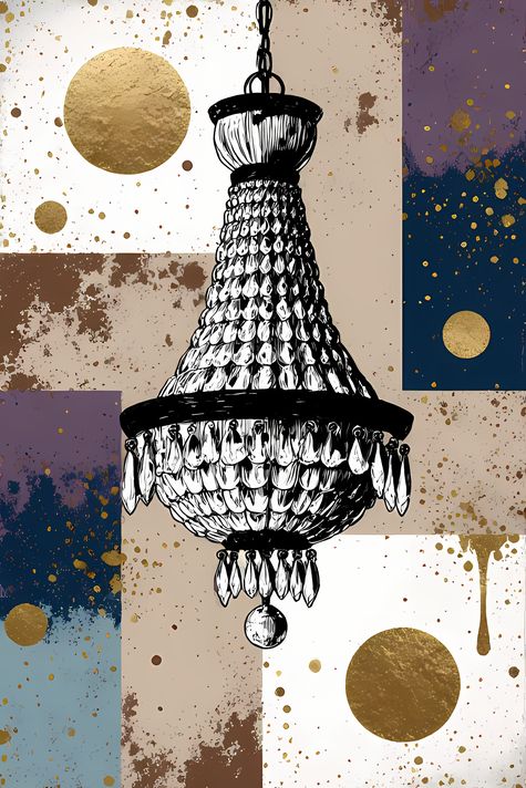 25 FREE Files - Chandelier in Geometric Pop Graffiti Art Styles ♥    A bold geometric pop-graffiti artwork featuring a large central chandelier outlined in expressive black strokes. The design blends abstract expressionism, pop art, and urban graffiti str