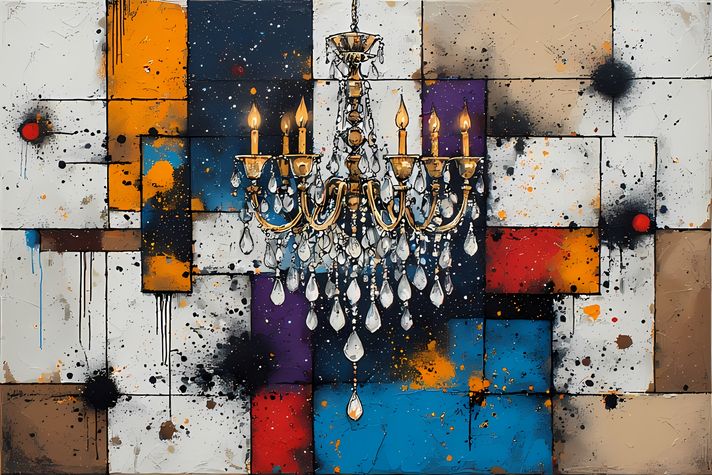 25 FREE Files - Chandelier in Geometric Pop Graffiti Art Styles ♥    A bold geometric pop-graffiti artwork featuring a large central chandelier outlined in expressive black strokes. The design blends abstract expressionism, pop art, and urban graffiti str