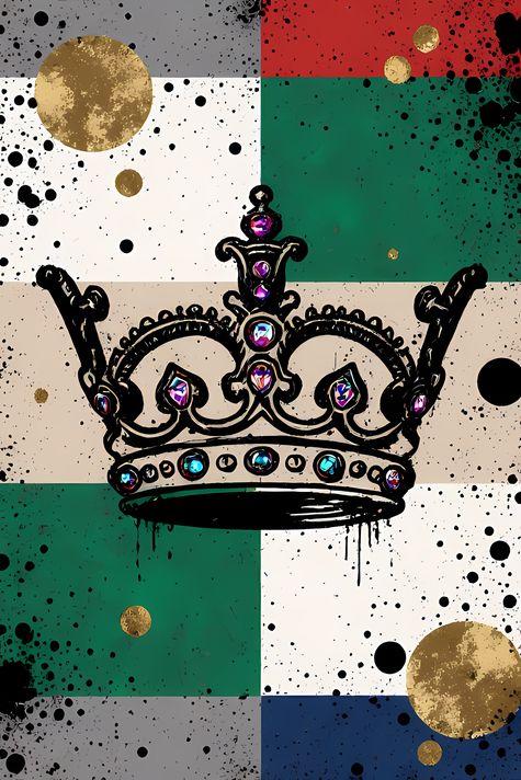 19 FREE Files - Crown in Geometric Pop Graffiti Art Styles ♥    A bold geometric pop-graffiti artwork featuring a large central crown outlined in expressive black strokes. The design blends abstract expressionism, pop art, and urban graffiti street art, w