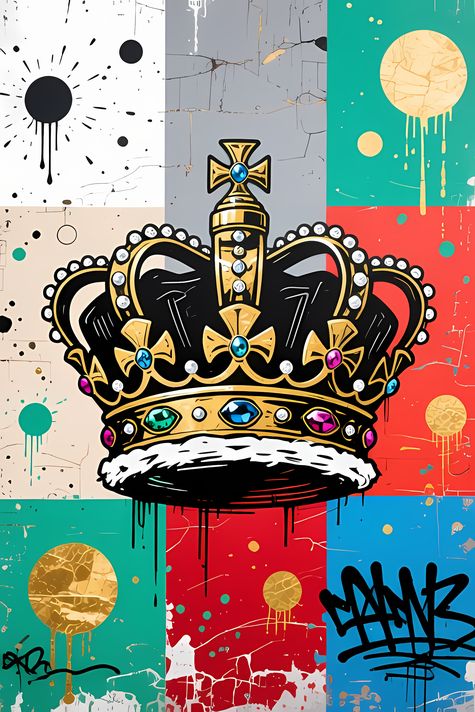 19 FREE Files - Crown in Geometric Pop Graffiti Art Styles ♥    A bold geometric pop-graffiti artwork featuring a large central crown outlined in expressive black strokes. The design blends abstract expressionism, pop art, and urban graffiti street art, w