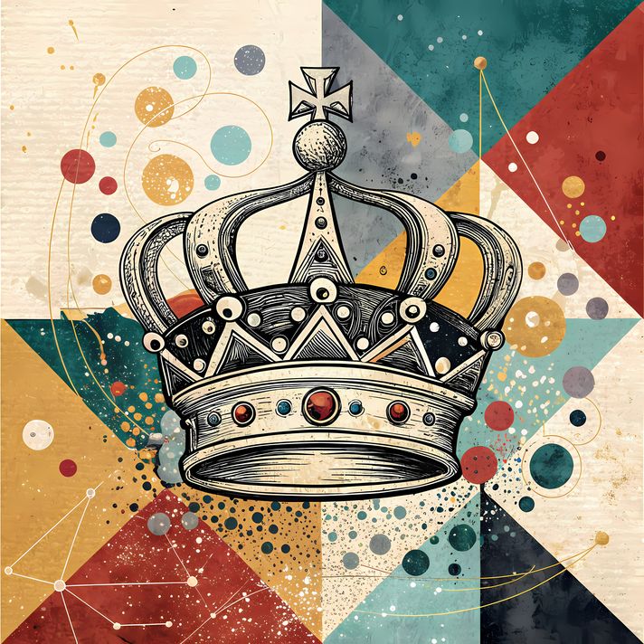 19 FREE Files - Crown in Geometric Pop Graffiti Art Styles ♥    A bold geometric pop-graffiti artwork featuring a large central crown outlined in expressive black strokes. The design blends abstract expressionism, pop art, and urban graffiti street art, w