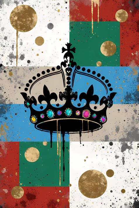 19 FREE Files - Crown in Geometric Pop Graffiti Art Styles ♥    A bold geometric pop-graffiti artwork featuring a large central crown outlined in expressive black strokes. The design blends abstract expressionism, pop art, and urban graffiti street art, w