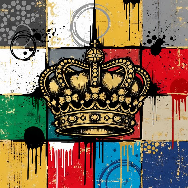 19 FREE Files - Crown in Geometric Pop Graffiti Art Styles ♥    A bold geometric pop-graffiti artwork featuring a large central crown outlined in expressive black strokes. The design blends abstract expressionism, pop art, and urban graffiti street art, w