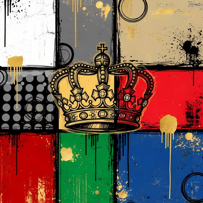 19 FREE Files - Crown in Geometric Pop Graffiti Art Styles ♥    A bold geometric pop-graffiti artwork featuring a large central crown outlined in expressive black strokes. The design blends abstract expressionism, pop art, and urban graffiti street art, w