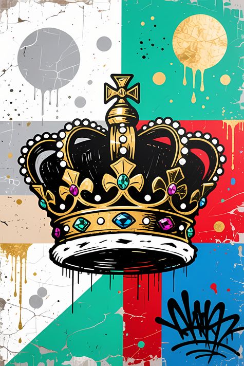 19 FREE Files - Crown in Geometric Pop Graffiti Art Styles ♥    A bold geometric pop-graffiti artwork featuring a large central crown outlined in expressive black strokes. The design blends abstract expressionism, pop art, and urban graffiti street art, w
