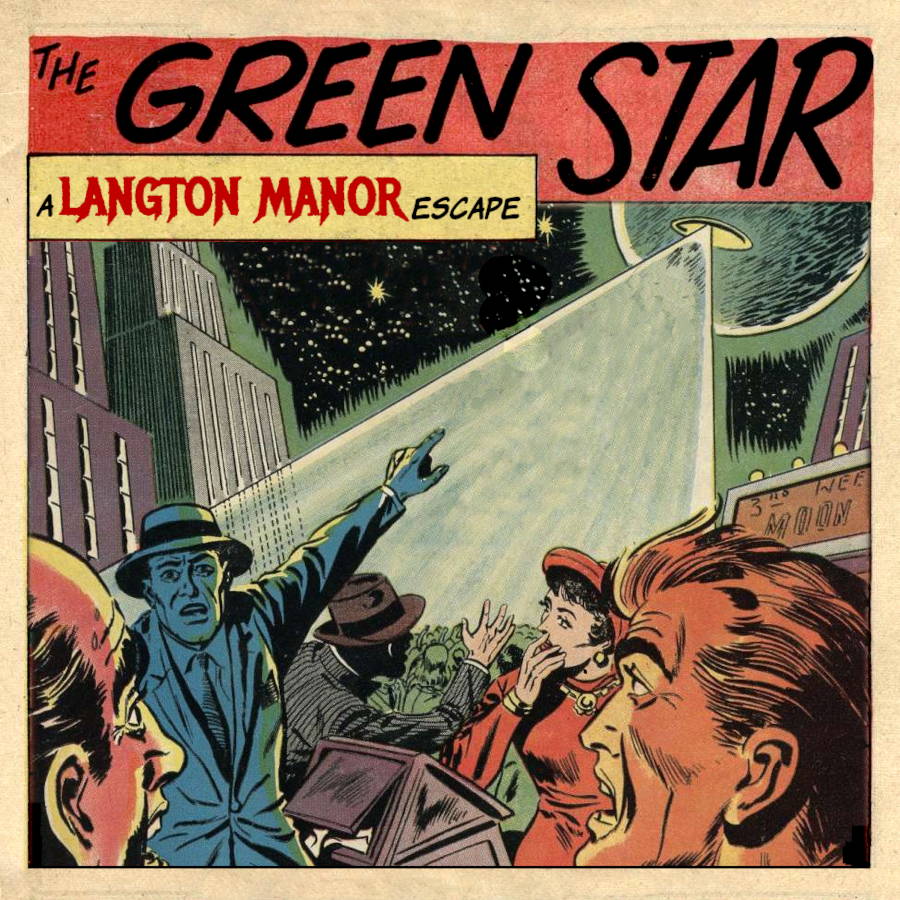 The vintage comic book cover for 'The Green Star,' a cosmic horror puzzle adventure. The illustration shows a 1950s crowd staring in shock as a mysterious beam of light illuminates a planet in the night sky.