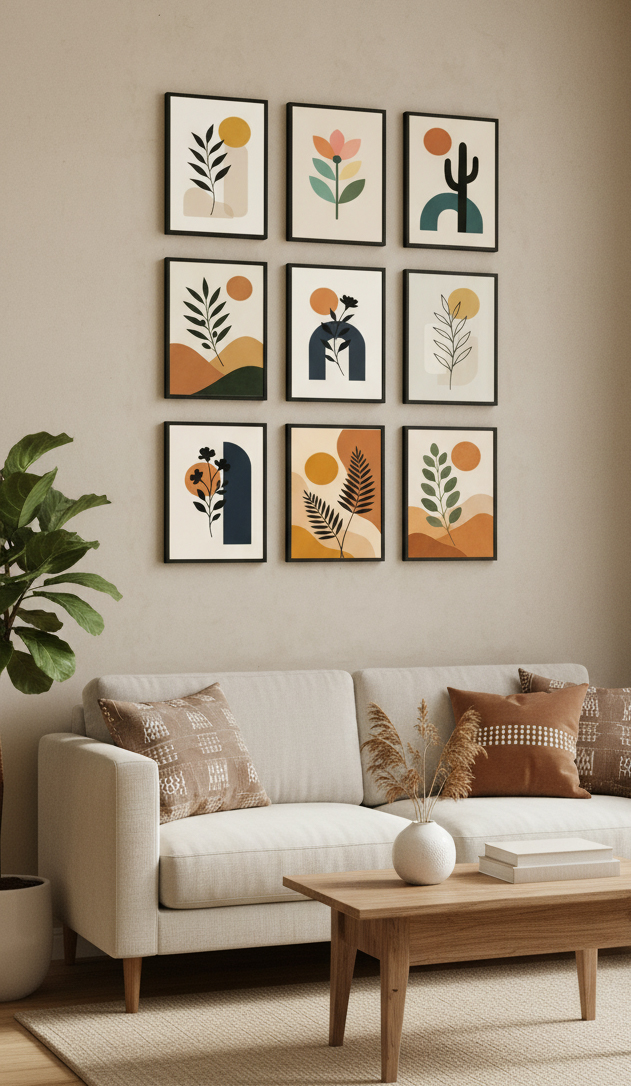 Set of 9 Boho Gallery Wall Art, Mid Century Modern Abstract Botanical ...